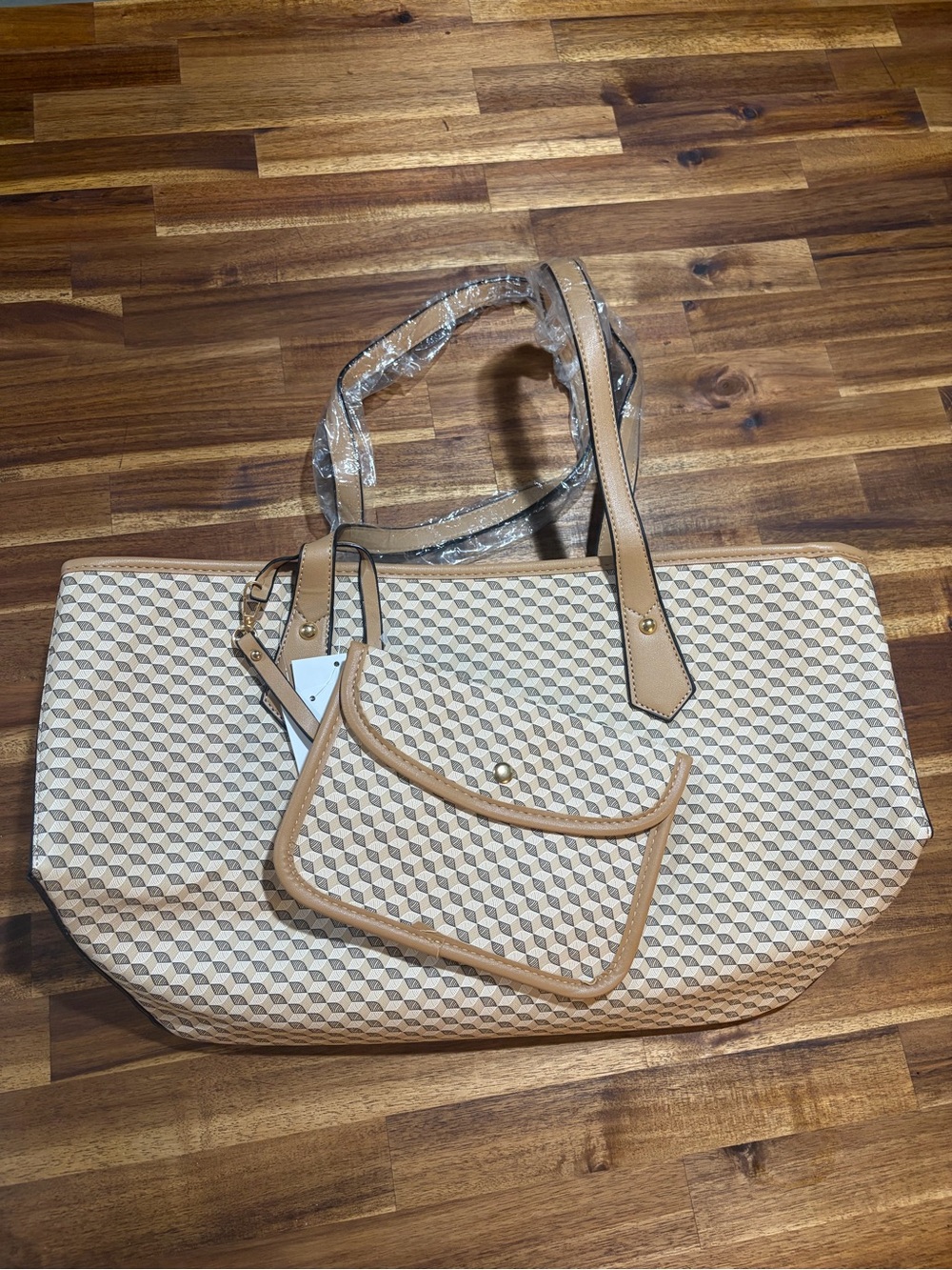 Women’s Beige Patterned Tote Bag with Tan Trim